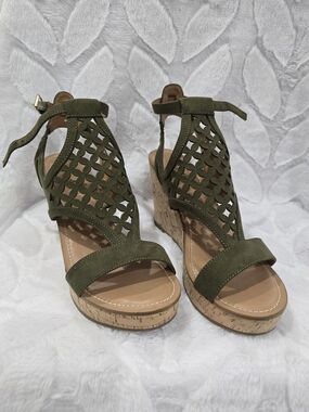 Olive Green Suede Wedge Sandals with Cutout Design Size 10